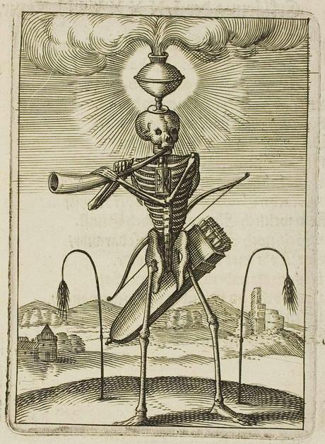 skeleton with quiver blows horn : allegorical symbolism