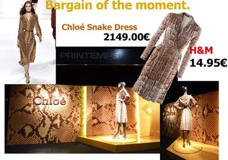 Bargain of the moment
Recently when out doing my photo tour for Dmag, I took a shining to the Chloé Snake print dress in the Printemps Window, well that was until I saw a similar dress for only 14.95 in my favorite high street store :)
So if you are thinking of rocking the Chloé look this autumn, i suggest that you run out and save yourself 2134€ by checking out the latest high street trends.
If your not convinced, maybe you should take a real look around: fashion and style has become so mixed, that highstreet, designer, vintage can all be worn as one look, its getting harder and harder to tell the difference as middle market retailers up there game to keep up with demand for luxury and quality at an affordable price, and lets face it, how many people can really tell the difference once you have styled it up with accessories and made it your own? 
xoxo LLM