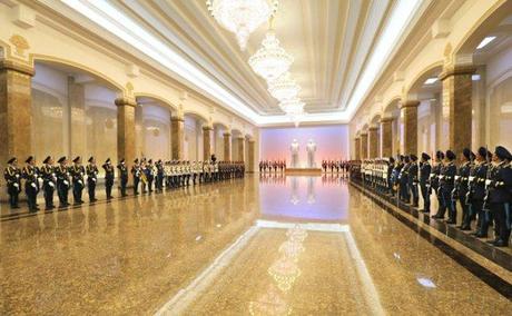 A Korean People's Army honor guard representing the KPA's three service branches and the Worker-Peasant Red Guard line the chamber containing the statues of Kim Il Sung and Kim Jong Il in the Ku'msusan (Memorial) Palace of the Sun in Pyongyang on 27 July 2013 (Photo: Rodong Sinmun).