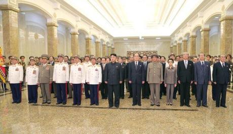 Kim Jong Un (C) visits Ku'msusan Palace of the Sun in Pyongyang on 27 July 2013 to pay his respects to his father, late leader Kim Jong Il, and his grandfather, late DPRK President and founder Kim Il Sung.  Also seen in attendance with him are Gen. Kim Won Hong (L), VMar Kim Yong Chun (2nd L), Col. Gen. Jang Jong Nam (3rd L) Gen. Kim Kyok Sik (4th L), Jang Song Taek (5th L), VMar Choe Ryong Hae (6th L), Kim Yong Nam (6th R),  Pak Pong Ju (5th R),  Kim Kyong Hui (4th R), Kim Ki Nam (3rd R) Choe Tae Bok (2nd R) and Yang Hyong Sop (R) (Photo: Rodong Sinmun).