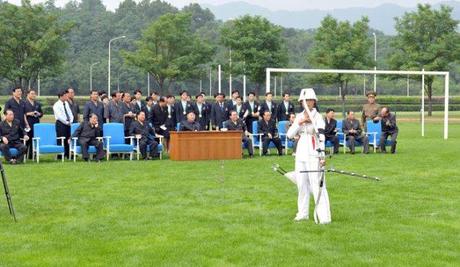 Kim Jong Un (seated, 4th L) watches an archery competition between the Amnokgang Defense Sports Team and the 25 April Defense Sports Team.  Among senior DPRK officials in attendance is DPRK Vice Premier Kang Sok Ju (seated, 2nd L) (Photo: Rodong Sinmun).