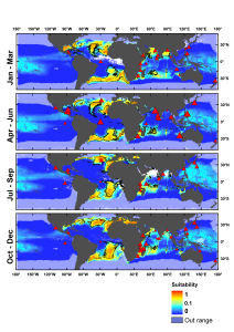 Predicted shift in global of whale sharks habitat suitability for 2070 under a no-climate-policy reference. Solid line delineates areas where higher habitat suitability ( alt=
