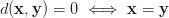 d(\mathbf{x}, \mathbf{y}) =0 \iff \mathbf{x}=\mathbf{y} d(\mathbf{x}, \mathbf{y}) =0 \iff \mathbf{x}=\mathbf{y}