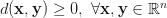 d(\mathbf{x}, \mathbf{y}) \ge 0, \ \forall \mathbf{x}, \mathbf{y} \in \mathbb{R}^n d(\mathbf{x}, \mathbf{y}) \ge 0, \ \forall \mathbf{x}, \mathbf{y} \in \mathbb{R}^n