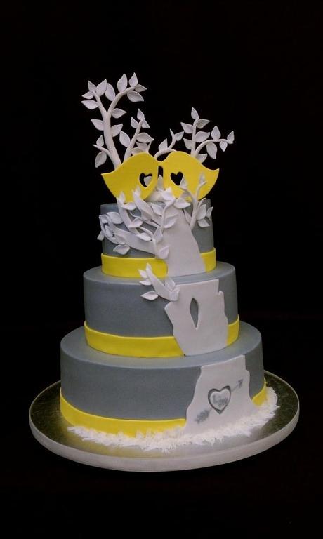 Yellow and Gray Love Bird Wedding Cake