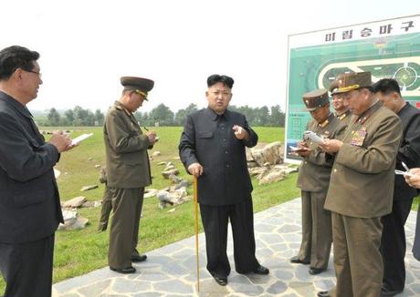 Kim Jong Un Visits Construction of Mirim Riding Club and Munsu Wading Pool Kim Jong Un (3rd L) gestures whilst issuing instructions on the design of the Mirim Riding Club in east Pyongyang. Also seen in attendance is Hwang Pyong So (L), Deputy Director of the KWP Organization Guidance Department (Photo: Rodong Sinmun).