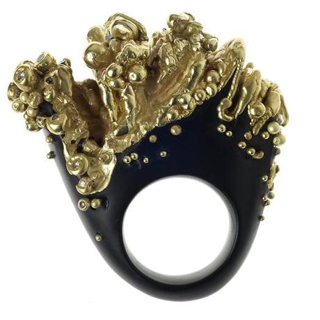 Hand carved Whitby jet ring with electro formed precious metal, 18CT gold granulation and champagne diamonds