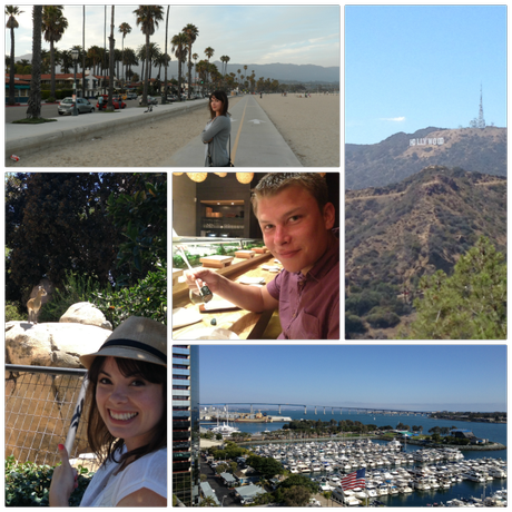 An evening stroll in Santa Barbara; Hollywood; our hotel view of San Diego Bay; a noble goat at San Diego Zoo; sushi at Nobu