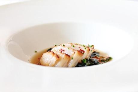 Scallop in dashi with wakame and chili oil #106
