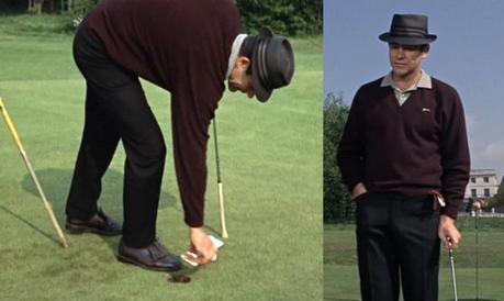 James Bond Golfs with Goldfinger What do we think? Charcoal? Black? Blue? Brown? Or are all are our eyes deceiving us and they're actually hot pink?