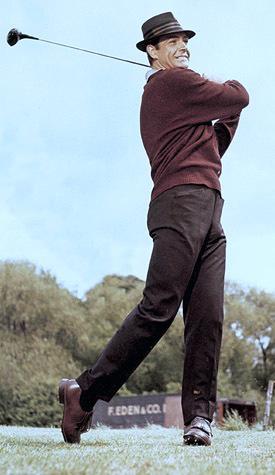 James Bond Golfs with Goldfinger Sean Connery at Stoke Poges Golf Club as James Bond in Goldfinger.
