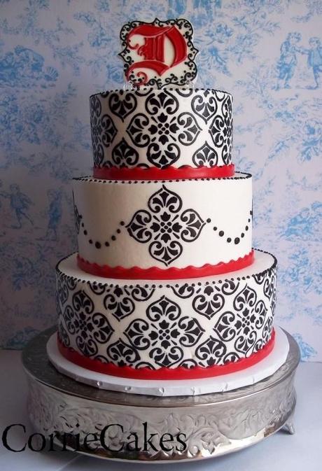 Red, Black and White Damask Wedding Cake