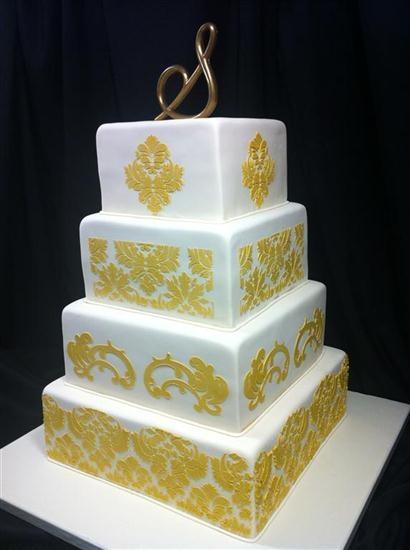 White and Yellow Damask Wedding Cake
