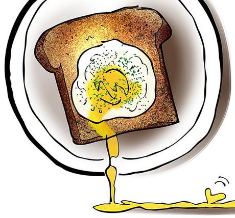 detail image of poached eggs on toast with stabbed yolks running off plates and merging together to form love heart for article about father and teenage son bonding over shared breakfast meal