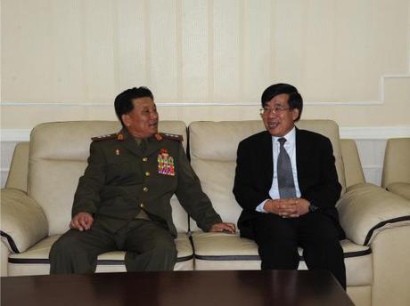 Vice Minister of the People's Armed Forces Col. Gen. Kang P'yo Yong (L) meets with PRC Ambassador to the DPRK Liu Hongcai (R) on 1 August 2013, prior to a reception commemorating the 86th anniversary of the foundation the Chinese People's Liberation Army (Photo: PRC Embassy in the DPRK).