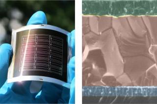 CdTe solar cells on a flexible metal foil (left) and electron microscopy (EM) image of the solar cell structure in the substrate configuration (right) with front electrical contact (uppermost layer), central CdTe layer and metal back contact (lowest layer), all deposited on the substrate (glass is used as an example for ease and clarity of EM imaging). (Credit: See citation at the end of this article)