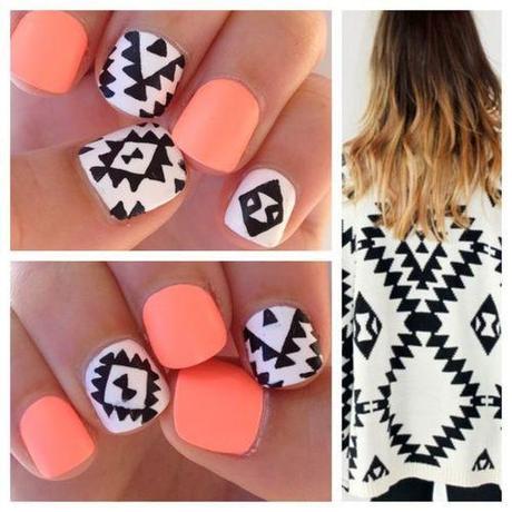 Nail art with Tribal print and coral