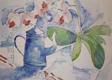 Still Life - Blue Coffee Pot & Orchid