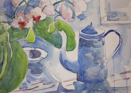 Still Life - Blue Coffee Pot & Orchid