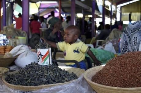 Toddler helping his mom serve up Mopane (worms) at the Single Quarter in Windhoek.