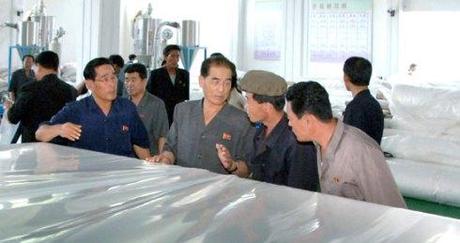 DPRK Premier Pak Pong Ju (3rd R) discusses the production of plastic sheets during a visit to the Namhu'ng Youth Chemical Complex (Photo: Rodong Sinmun).
