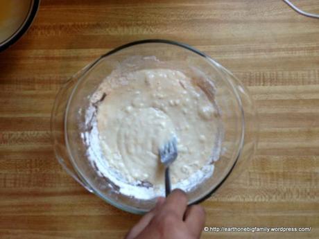 Add all the wet ingredients to the dry ingredients. I use the fork before using the blender to avoid flour spraying all over me.