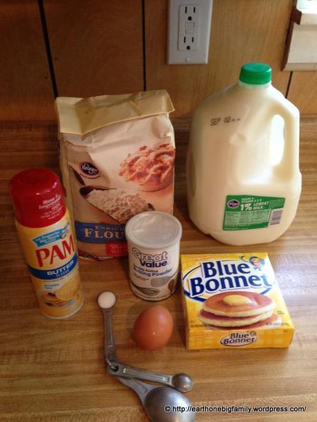 For 8 pancakes- DRY INGREDIENTS:1½ all purpose flour (maida), 3 ½ tsp baking powder, ½  tsp salt, 1½-2 tbsp sugar (depending on how sweet you want your pancakes) WET INGREDIENTS: 1¼ cups milk, 1 egg, 3 tbsp unsalted butter.  Cooking spray or butter to cook the pancakes in. 