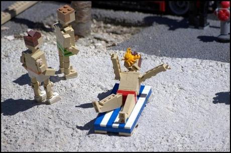 lego beach, lego men on beach, Killer crab attacking man on beach, closeup photo, minifigure, Miniland USA, Legoland Florida,