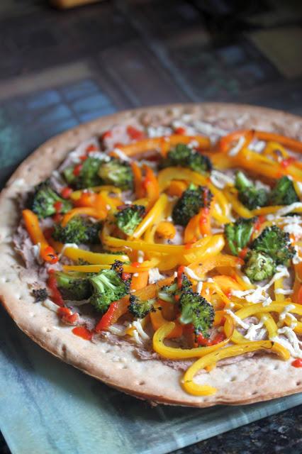 Vegan Bean, Pepper, and Broccoli Pizza with Daiya and Sriracha