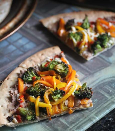 Vegan Bean, Pepper, and Broccoli Pizza with Daiya and Sriracha