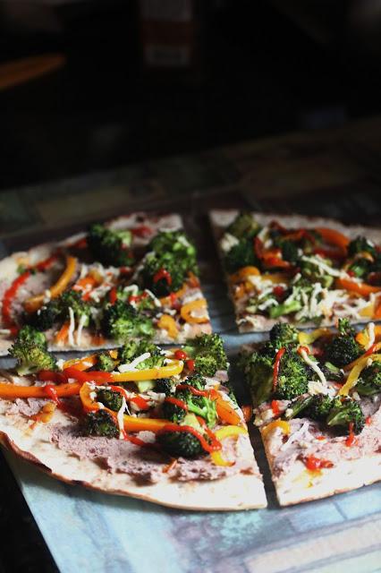 Vegan Bean, Pepper, and Broccoli Pizza with Daiya and Sriracha