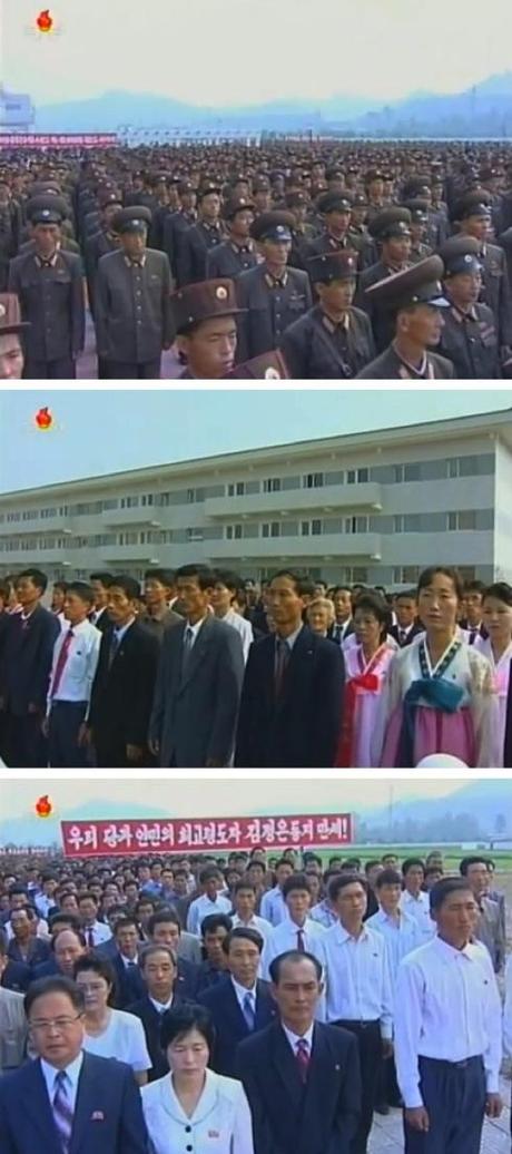 KPISF and KPA construction personnel, along with new residents, attend the U'nha Scientists' Street grand opening in Pyongyang on 11 September 2013 (Photos: KCTV screengrabs).