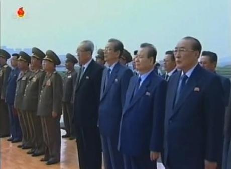 Senior officials of the DPRK leadership attend the ceremony including KWP Secretaries Kim Ki Nam (4th R), Choe Tae Bok (3rd R), Pak To Chun 2nd R) and SPA Presidium Vice President Yang Hyong Sop (R) (Photos: KCTV screengrabs).