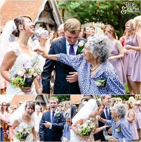 Funny wedding photograph of brides grandmother putting confetti down bride's dress shown in sequence with the bride kissing her nan at the end