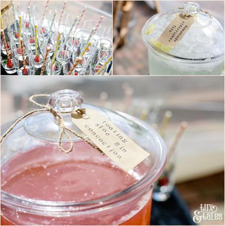 Photograph collage of several wedding details including home made sloe gin and paper straws