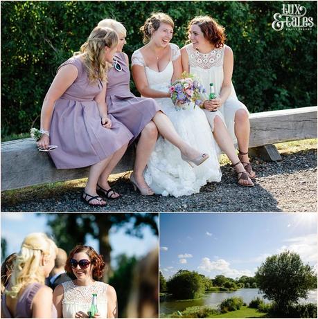 Candid wedding photographs including bride miling and laughing with firends
