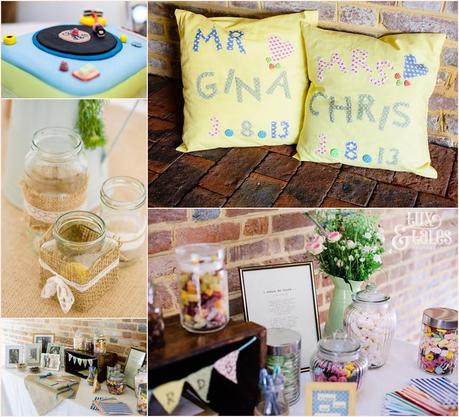 Photograph collage of wedding details including hand mafe bride and groom pillows and country wild flower details 