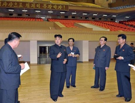 Kim Jong Un (2nd L) visits the renovation of the Pyongyang Indoor Stadium.  Also seen in attendance is NDC Vice Chairman Jang Song Taek (2nd R) (Photo: Rodong Sinmun).