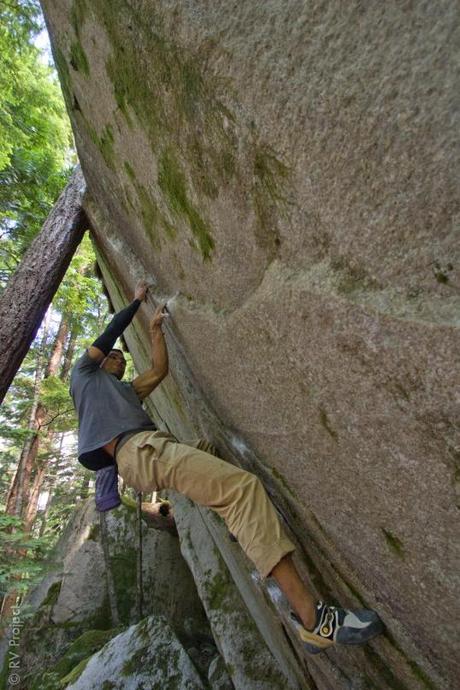 The author on the first physical crux of Ride the Lightning (V8). The first mental crux is to try the problem in the first place.