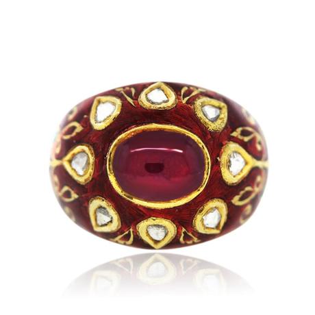 18k Yellow Gold Ruby Cabochon Diamond Enamel Ring 18k Yellow Gold Ruby Cabochon Diamond Enamel Ring