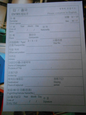 World Borders: Flying from Beijing to Pyongyang, North Korea DPRK entry card
