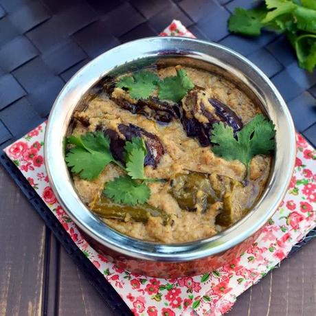 Mirchi Baingan Salan (Hyderabadi Chili-Eggplant Curry in Sesame Peanut gravy)