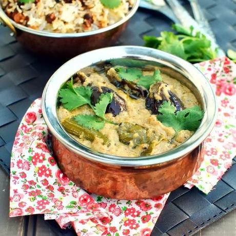 Mirchi Baingan Salan (Hyderabadi Chili-Eggplant Curry in Sesame Peanut gravy)