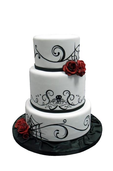Black and White Wedding Cake with Red Rose Accents