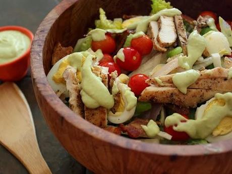 Chicken and Bacon Chopped Salad with Avocado Garlic Jalapeno Dressing
