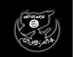 The insignia of the Al-Nusra Front shows the map of Syria, the Islamic crescent and the silhouette of a jihad fighter