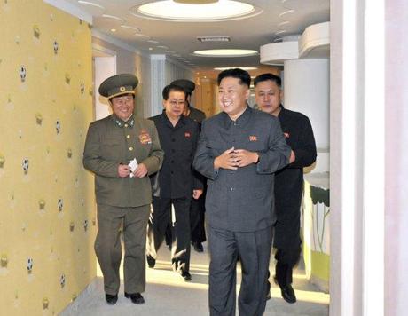 Kim Jong Un (3rd L) tours the construction of the Okryu Children's Hospital in east Pyongyang.  Also seen in attendance is Jang Song Taek (2nd L), NDC Vice Chairman and KWP Administration Department Director, and Ma Wo'n-ch'un (4th L), deputy director of the KWP Finance and Accounting Department (Photo: Rodong Sinmun).