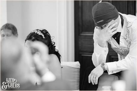 Groom Covers his face during speeches at Woburn Abbey Wedding 