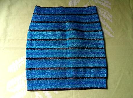 Romwe - Metallic Coated Blue Striped Skirt