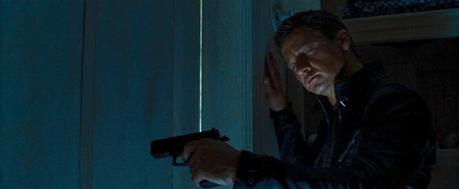 Aaron Cross’s Biker Jacket in The Bourne Legacy This SIG-Sauer has an accessory rail, making its appearance a continuity error. Man, even Jeremy Renner looks embarrassed by the mistake here.